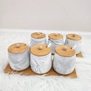 Set of 2 White Marble Porcelain Spice Jars for Kitchen Countertop (6 Jars)